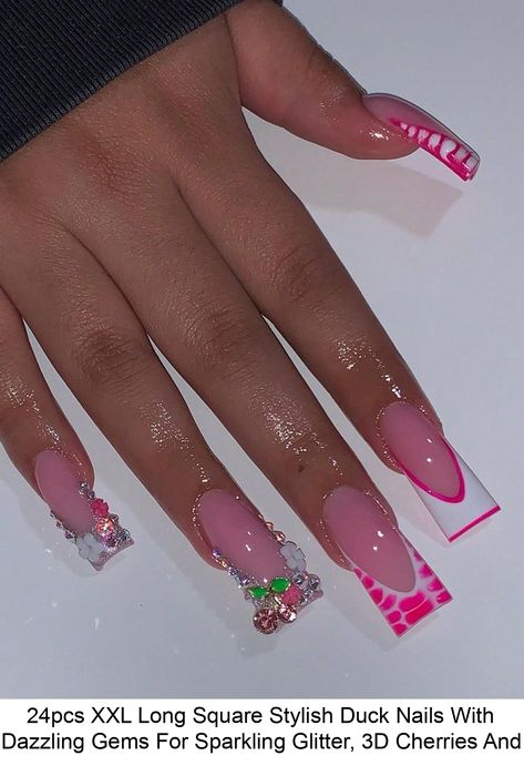 Free Returns ✓ Free Shipping✓. 24pcs XXL Long Square Stylish Duck Nails With Dazzling Gems For Sparkling Glitter, 3D Cherries And Petite Blossoms – A Unique And Fashionable Gift For Women And Girls- Press On Nails at SHEIN. Duck Nail, Y2k Nail, Duck Nails, Colored Acrylic Nails, Girly Acrylic Nails, French Nail, Acrylic Nails Coffin Pink, Black French, Long Square Acrylic Nails