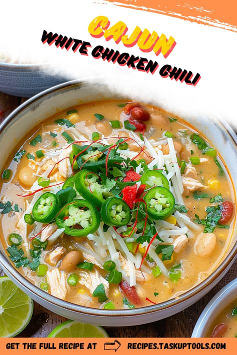 Indulge in a comforting bowl of Cajun White Chicken Chili, where the bold flavors of Cajun spices, tender chicken, creamy white beans, and smoky undertones come together in harmony. Perfect for chilly nights or when you're craving a hearty dish with a kick. This recipe showcases a delicious fusion of traditional chili warmth with a Southern twist, making it a top pick for any dinner table. Discover step-by-step instructions for creating this flavorful masterpiece and bring a taste of the South to your kitchen. Cajun Chicken Chili Recipe, Cajun Chicken Chili, Cajun White Chicken Chili, Cajun Chilli, White Bean Chicken Chili Crockpot, Cajun Chili, White Chilli, Traditional Chili Recipe, Creamy White Beans