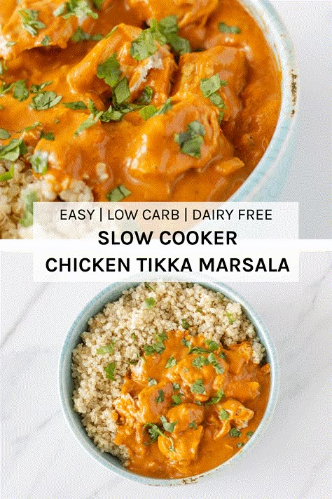 Slow Cooker Chicken Tikka Marsala - an easy to make, classic Indian dish that is packed full of amazing flavour, with ingredients that you can buy at your local supermarket. Butter Marsala Chicken, Tiki Marsala Chicken Crock Pot, Chicken Marsala Indian, Tiki Marsala Chicken, Chicken Tiki Marsala, Tiki Marsala, Indian Slow Cooker Recipes, Beef Ribs Slow Cooker, Garlic Chicken Slow Cooker