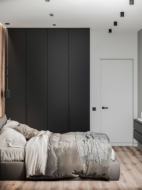 ZHEMCHUZHINA on Behance Black Wardrobe Bedroom, Gray Bedroom Design, Grey Bedroom Design, Modern Appartement, Black Wardrobe, Gray Walls, Round Beds, Bedroom Black, Interior Design Magazine