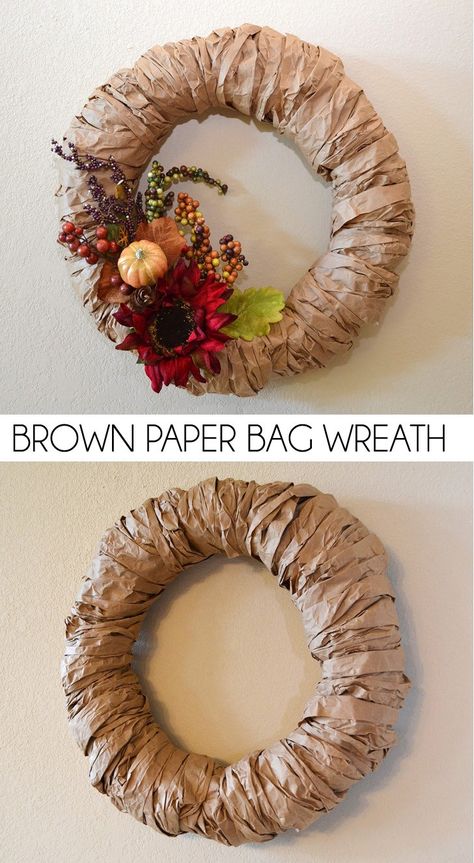 Recycle brown paper and make a fabulous brown paper bag wreath to decorate as you please. It's the perfect Autumn wreath! Paper Bag Wreath, Paper Bag Crafts, Straw Wreath, Paper Wreath, Brown Paper Bag, Autumn Wreath, Wreath Tutorial, Autumn Wreaths, Fall Diy