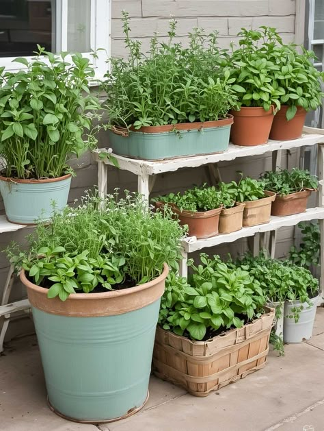 Discover creative container herb garden ideas to add charm and interest to your garden. Includes unique pots and growing tips. Aesthetic Small Garden, Herb Garden Planter Ideas, Herb Garden Container, Herb Pots Outdoor, Herb Pot Ideas, Herb Pots Outdoor Container Gardening, Gardening With Pots, Patio Herbs In Pots, Urban Gardening Ideas