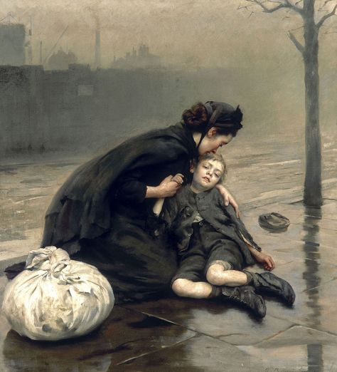 Thomas Benjamin Kennington (1856-1916), Homeless, 1890, oil on canvas, 166.6 x 151.7 cm. Bendigo Art Gallery - Mysterious Art Century متحف فني, Art Amour, Istoria Artei, Art Ancien, Art Et Illustration, 판타지 아트, Classical Art, Anatomy Art, Beautiful Paintings