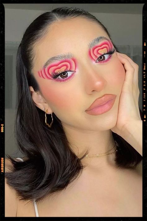 Aesthetic Makeup Looks Inspiration Heart Pink Makeup, Valentine’s Day Inspired Makeup, Valentine Inspired Makeup, Pink Care Bear Makeup, Creative Valentines Makeup, Pink Heart Makeup Look, Pink Valentine’s Day Makeup, Heart Eyes Makeup, Valentines Day Make Up Looks Eye Makeup