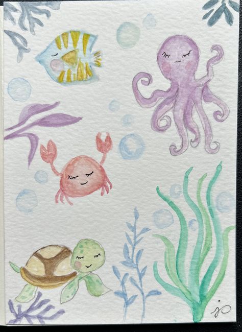 Painted Sea Creatures, Watercolour Ocean Animals, Underwater Animals Drawing Easy, Cute Underwater Animals Drawing, Undersea Watercolor Painting, Water Colour Sea Creatures, Watercolour Aquarium, Under The Sea Drawings, Sea Drawing