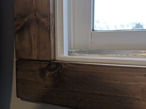 Easy Farmhouse Window Trim, Diy Farmhouse Window Trim, Wood Stain Window Trim, Rustic Interior Trim Ideas, Diy Interior Window Trim, Stained Window Trim, Stained Trim Interior, Dark Window Trim, Wood Trim Windows