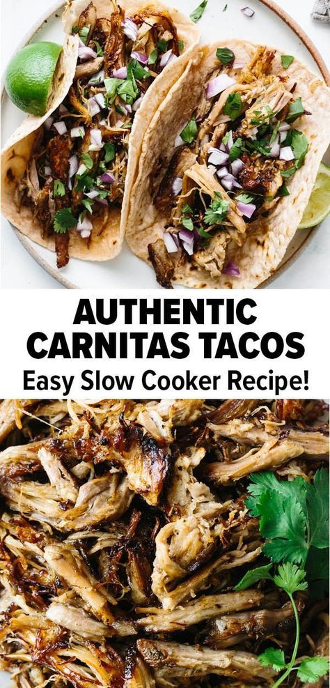 These authentic and easy carnitas tacos are the answer to your next taco Tuesday. They’re filled with meltingly tender pork that’s finished with perfect, crisp edges. Make these right in your crockpot and voila! #carnitastacos #authenticcarnitastacos #tacorecipe #cincodemayo Healthy Pork Tacos, Taco Tuesday Crockpot Recipes, Authentic Taco Recipes, Pork Tacos Recipes, Pork For Tacos, Authentic Carnitas, Best Carnitas, Easy Carnitas, Pork Tacos Crockpot