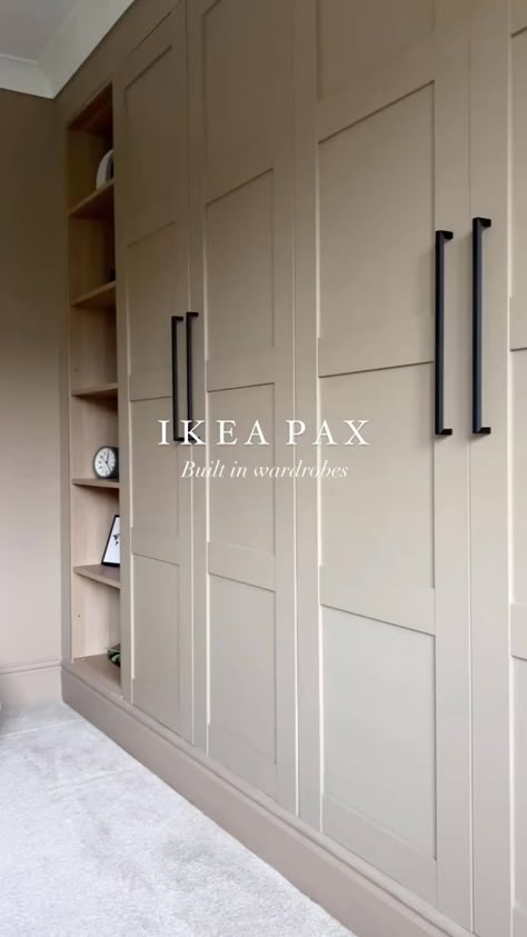 Hendel & Hendel | How to create a built in wardrobe with an Ikea Pax and Hendel & Hendel cabinet hardware 💫 Featuring: Battersea Pull Handle in Matt… | Instagram Ikea Built In Storage Cabinets, Ikea Closet Cabinets, Floor To Ceiling Cabinets Entryway, Wardrobe Design Ikea, Ikea Pax Wardrobe Room, Fitted Pax Wardrobes, Ikea Hack Built In Cabinets, Ikea Pax Wardrobe Handles, Built In Wardrobe Ideas Corner