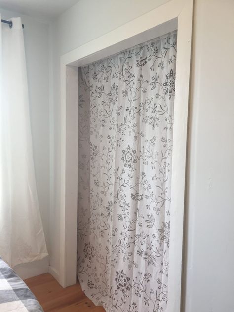 No Closet Door Solutions, Curtain As Closet Door, Using Curtains For Closet Doors, Ways To Cover A Closet With No Door, Shutter Closet Doors Makeover, Closet Door Alternative Curtains & Drapes, Laundry Room Curtain Door, Covering Closets Without Doors, Alternative To Sliding Closet Doors