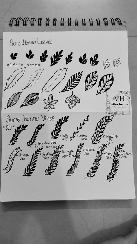 Vines Henna Designs, Mehendi Leaf Design, Henna Leaf Design, Henna Vines, Mehndi Learning, Henna Basic, Mehndi Basic, Mehndi Elements, Henna Elements