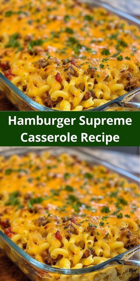 Enjoy a hearty Hamburger Supreme Casserole with ground beef, pasta, and cheesy layers. Quick Easy Meals With Hamburger Meat, Sausage And Hamburger Recipes, Hamberg Recipes Casserole, Oven Bakes, Casserole Beef, Casseroles Recipes, Hamburger Casseroles Recipes, Ground Recipes, Easy Hamburger