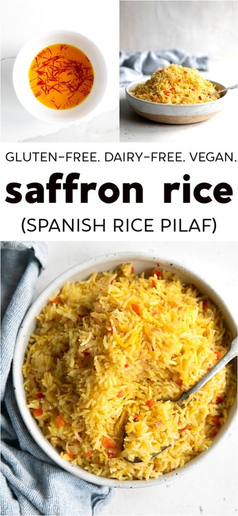 Infused with saffron, this simple Spanish Rice Recipe is golden, fragrant, and flavorful, and ready in under 30 minutes. Pair this beautiful saffron rice with all your favorite Spanish, Mexican, and Middle Eastern meals. Vegan, dairy-free, gluten-free. Spanish Saffron Recipes, Vegan Saffron Recipes, Ostomy Recipes, Saffron Rice Recipes, Saffron Dishes, Recipes With Saffron, Simple Spanish Rice, Easy Spanish Rice Recipe, Easy Spanish Rice