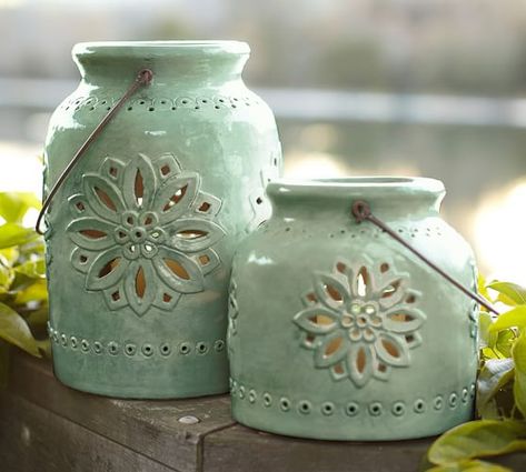 Punched Ceramic Lanterns Diy Keramik, Art Coquillage, Lantern Designs, Ceramics Pottery Vase, Ceramic Lantern, Pottery Crafts, Ceramics Ideas Pottery, Ceramic Candle, Ceramics Pottery