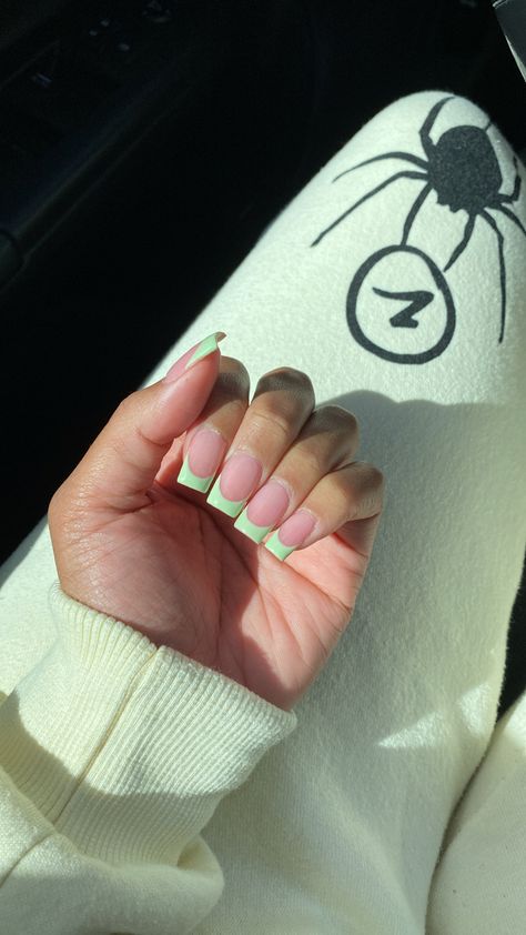 Matcha Acrylics, Square French Tip Acrylic Nails Colorful, Pale Green French Tips, Solid Color French Tip Nails, Square French Tip Acrylic Nails Color, Light Green French Tip Nails Square, Pastel Green Nails French Tip, Pastel Green Tip Nails, Coffin Green French Tip Nails