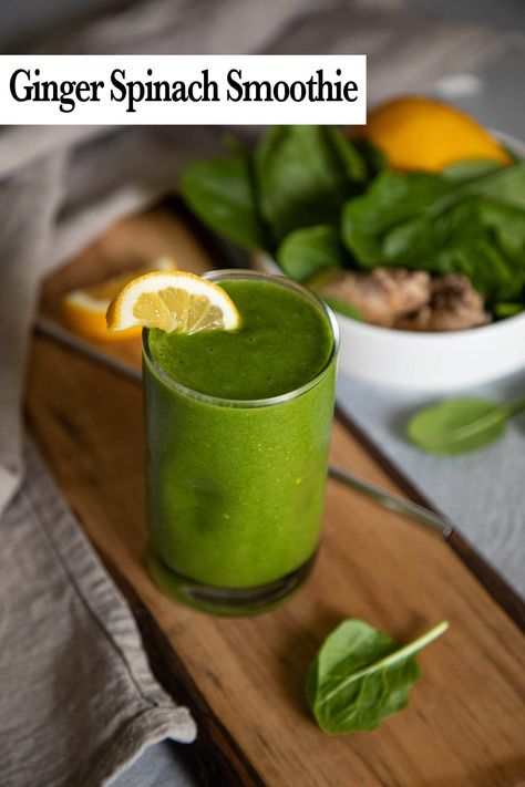 Enjoy this delicious green smoothie with the bright flavors of fresh ginger and lemon! When you're looking for something filling but not heavy in the morning, this is the smoothie you'll make again and again. It's also a great way to use up the last of ginger, lemon, and spinach leaves in your kitchen. Spinach Ginger Smoothie, Lemon Ginger Smoothie, Green Ginger Smoothie, Smoothie With Ginger, Smoothie With Spinach, Ginger Smoothie Recipes, Lemon Spinach, Melon Smoothie, Lemon Smoothie