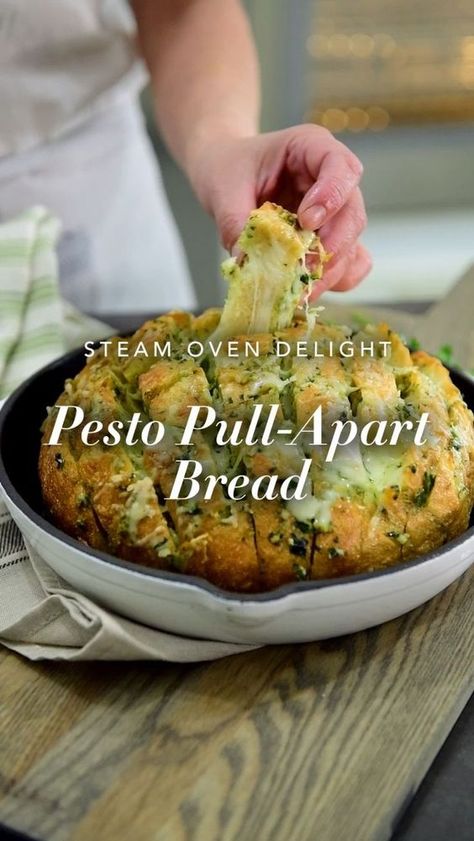 This Pesto Pull-Apart Bread satisfies our need for cheesy goodness and is a surprisingly easy dinner centerpiece that will surely wow your guests. Pro Tip: The Thermador Steam Oven gives just the right balance of crisp and chew. Ingredients: Sourdough loaf, butter, garlic, fresh parsley, mozzarella cheese, parmesan cheese, pesto Pull Apart Sourdough Bread, Pesto Sourdough, Pesto Bread, Steam Oven, Sourdough Bread Recipe, Recipes Appetizers And Snacks, Pull Apart, Bread Recipes Homemade, Sourdough Bread