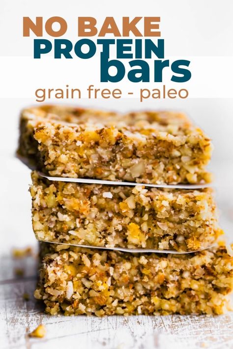 These paleo protein bars have mango, coconut and almonds, for a tropical taste. Make the no-bake protein bar recipe using natural sugars and healthy fats! Great for travel, pre/post workout fuel, breakfast, or healthy snacks. Protein Bar Recipe, No Bake Protein Bars, Paleo Protein Bars, Paleo Bars, Fruit And Nut Bars, Paleo Protein, Coconut Protein, Protein Bar Recipes, Coconut Almond