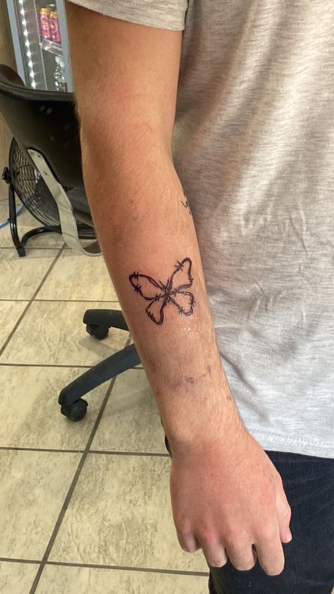 Chain Butterfly Tattoo, Bar Wire Tattoo, Bob Wire Tattoos, Barbed Wire Butterfly Tattoo, Wire Butterfly Tattoo, Barbed Wire Butterfly, Wire Butterfly, Chain Tattoo, Matching Tattoo