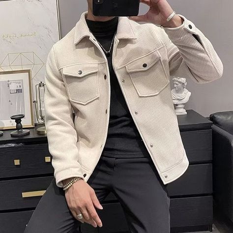 Love Star trek looking forward to doing this one. White Corduroy Jacket Outfit Men, Beige Winter Outfit Men, Trending Jackets For Men, Men Shacket Outfit, White Shacket, Korea Południowa, Winter Fashion Jackets, Winter 23, Winter Fit