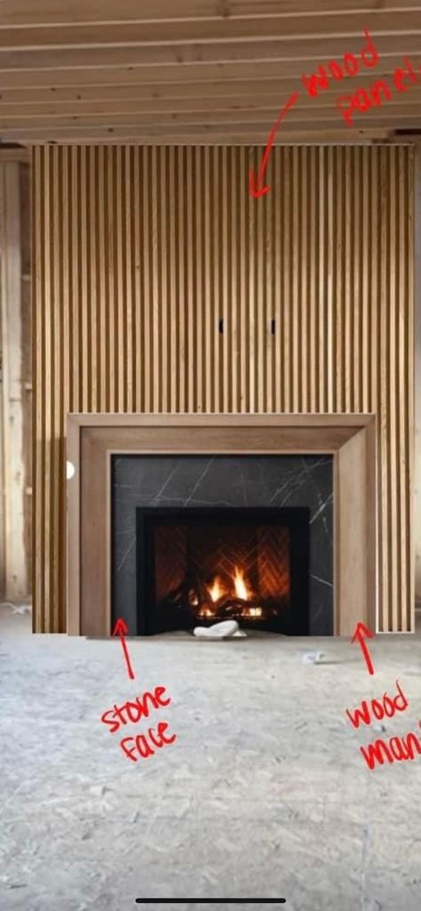 Fireplace Ideas With Bench Seating, Vertical Wood Slat Fireplace, Slat Wall Fireplace Tv, Slat Wall Fireplace, Wood Slat Fireplace, High Ceiling Fireplace Wall, Fluted Fireplace Surround, Fluted Fireplace, Fireplace In Kitchen