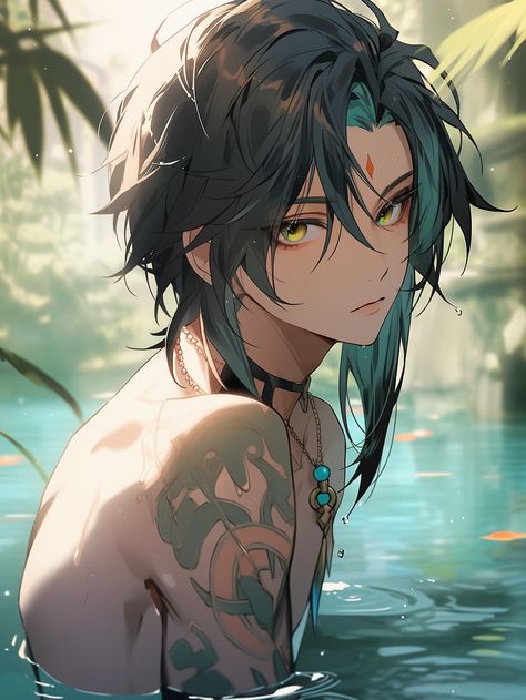 Tattoos, Water, Green, Anime, Hair