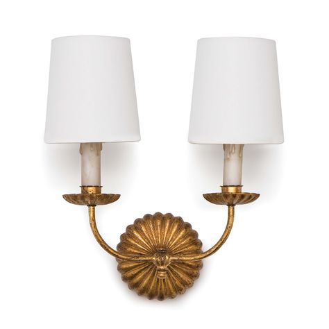 Updated opulence comes to mind with this double sconce, which wears an antique gold leaf finish on its ribbed backplate and bobeches. Antique-inspired candles hold the crisp, modern shades. Clove would be at home in modern or traditional interiors alike — install in a hallway for an elegant effect. Height: 15.75 Width: Style Tiles, Buffet Table Lamps, Candle Inspiration, Plywood Furniture, Antique Inspiration, Wall Candles, Traditional Interior, Burke Decor, Retro Wall