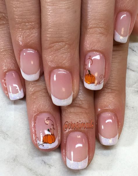 Thanksgiving French Tip Nail Ideas, Fall Gel Nails Pumpkin, Girly Fall Nails Acrylic, Fall Nails For Teachers, French Manicure With Pumpkin, Thanksgiving Nails Fall French Tip, Pumpkin French Manicure, French Nail Fall Designs, Fall French Tip Gel Nails