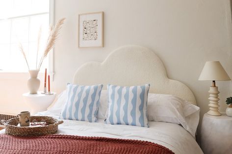 Bring a bit of fun and whimsy to bedtime with a cloud-shaped headboard. We took a full-sized kids' bed and gave it a luxe makeover by reupholstering it with bouclé fabric. With its signature nubby texture and plush feel, it instantly transformed the headboard from cute to ultra-chic. Cloud Headboard, Velvet Wall, Ikea Kura Bed, Kura Bed, 3d Panel, Ikea Kura, Diy Clouds, Apartment Goals, Ikea Bedroom