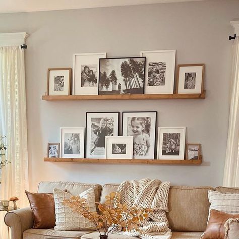 Check more at https://creativedecordesign.com/2024/06/13/12327/ Pictures On Wall Shelf, Next To The Tv Decor, Photo Wall On Shelves, Back Of Living Room Ideas, Picture Wall Living Room Farmhouse, How To Style Wall Decor, Gallery Wall On Shelf, Family Photo Home Decor, Frames On Floating Shelves