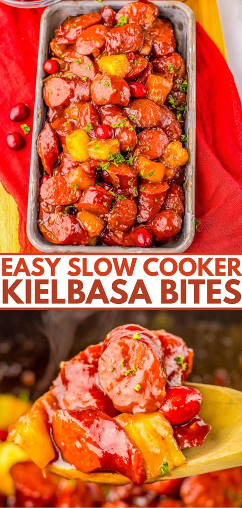 Slow Cooker Kielbasa Bites - Averie Cooks Sides For New Years Eve Party, Christmas Snacks For Party Appetizers Crock Pot, New Year's Day Meals, Slow Cooker Kielbasa Recipes, Kielbasa And Pineapple, Kielbasa Pineapple, Kielbasa Bites Recipe, Kielbasa Crockpot, Festive Christmas Appetizers