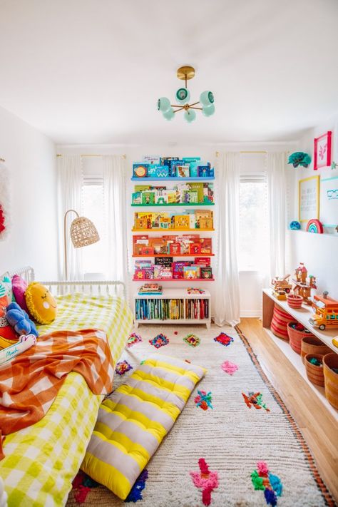 Arlo's Rainbow "Big Kid" Room - colorful, meaningful interior inspiration to make your house a home! Toddler Rainbow Bedroom, Toddler Rainbow Room, Rainbow Boys Room, Eclectic Kids Room, Rainbow Bedroom, Colorful Kids Room, Big Kids Room, Toddler Girl Room, Room Studio