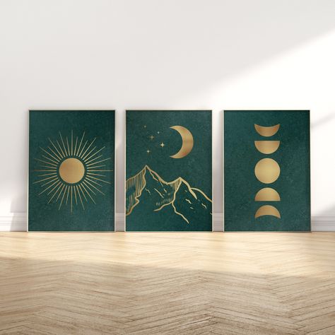 Green And Gold Boho Bedroom, Emerald And Gold Nursery, Gold House Accents, Wall Art For Green Bedroom, Sun Moon Wall Decor, Green Gold Wall Art, Dark Green And Gold Decor, Emerald Green And Gold Nursery, Olive Green Apartment Decor