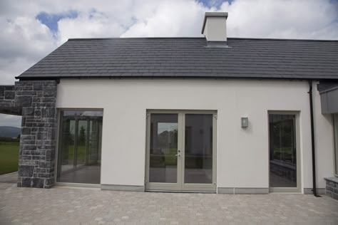 Aluclad Windows, House With Grey Windows, Agate Grey Windows, Green Door House, Grey Window Frames, House Render, Renovated Cottage, Apex Window, Doors Aluminium