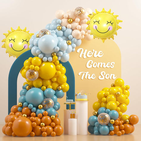 Here Comes the Son Baby Shower Decorations JOGAMS 182Pcs Retro Blue Orange Yellow Balloons for First Trip Around The Sun Sunshine Here Comes The Son Theme Baby Shower Birthday Party Decorations #ad #herecomestheson #herecomesthesunbabyshower #babyshowerideas #babyshowersupplies #babyshowerthemes #boybabyshowerideas #boybabyshowerthemes #herecomestheson Baptism Party Decorations, Here Comes The Son, March Baby, Boy Baby Shower Ideas, First Trip Around The Sun, Sunshine Baby Showers, Baby Shower Theme Decorations, Gold Confetti Balloons, Sunshine Birthday