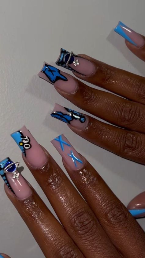 Birthday Nails Blue, Black And Blue Nails, Blue Prom Nails, Ballerina Acrylic Nails, Blue And White Nails, Nails Inspired, Fantasy Nails, Hard Nails, Square Nail Designs