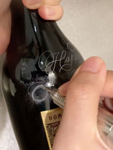 How to Hand Engrave Calligraphy on Glass, Wine & Champagne Bottles - Full Process, Tools & Tips — Leah Design | Custom Hand Lettering & Illustration, Live Calligraphy & Workshops, Mural Art & Design Glass Bottle Engraving Ideas, Wine Bottle Engraving, Bottle Engraving, Engraving Bottle, Engraved Glass Ideas, Cricut Wine Bottle Ideas, Wedding Champagne Bottles, Write On Glass, Engraved Wine Bottles