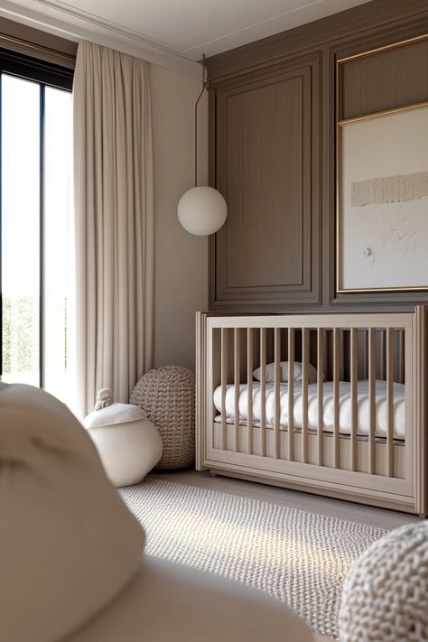 Create a cozy and modern nursery with neutral tones and soft textures for your little one's dream space. #NurseryDesign #CozyHome #ModernDécor #InteriorInspo Neutral Modern Nursery Ideas, High End Nursery Design, Nursery One Bedroom Apartment, Baby Room With Guest Bed, Kardashian Nursery, Organic Modern Nursery, Japandi Nursery, Classy Nursery, Taupe Nursery