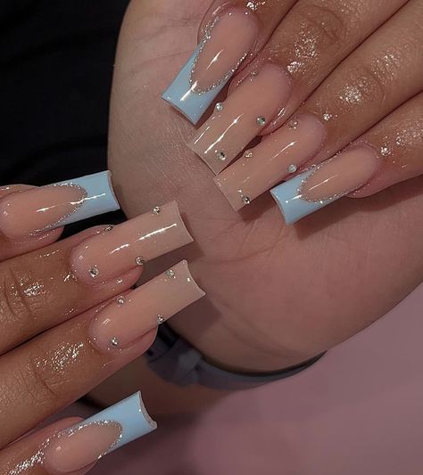 Blue Frenchies Nails, Oval Nails Inspiration, Frenchies Nails, Baby Blue Acrylic Nails, Blue Prom Nails, Cross Nails, Blue Acrylic Nails, French Acrylic Nails, Long Acrylic Nails Coffin