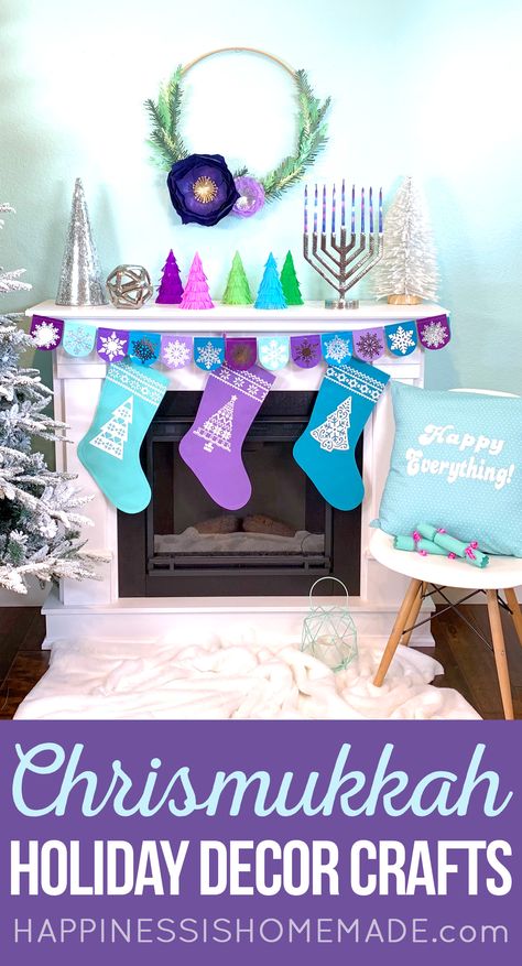 Chrismukkah Holiday Decorations (Christmas and Hanukkah) - DIY your holiday decor with these fun winter Chrismukkah mantel decorations and holiday crafts made with your Cricut Maker machine!  via @hiHomemadeBlog#ad #Cricut #CricutMade Christmakkah Decorations, Crafts With Cricut Maker, Chrismukkah Party, Crafts With Cricut, Hanukkah Decorations Diy, Hanukkah Diy, Christmas Styles, Hanukkah Decorations, Holiday Deco