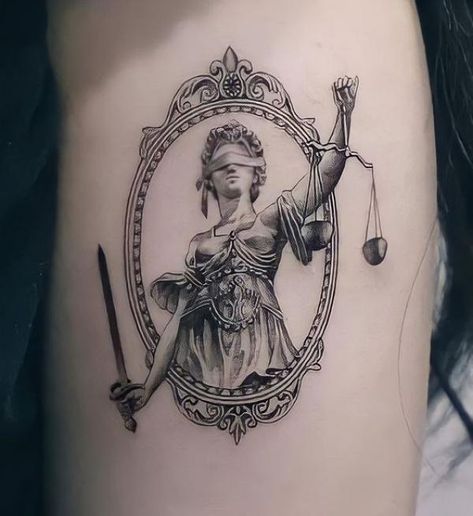 Goddess Themis with sword and scales of justice frame tattoo Gilded Age Tattoo, Rêveurs Tattoo, Lady Justice Tattoo Sleeve, Lady Of Justice Tattoo, Lady Justice Tattoo Design, Renesance Tattoo, Themis Tattoo, Classical Art Tattoo, Unisex Tattoos