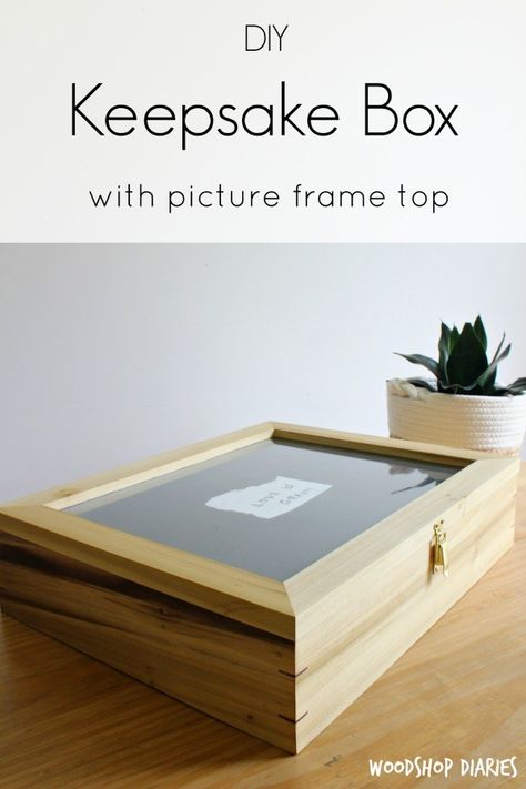 How to make a DIY Wooden Keepsake Box with Splines and Picture Frame Top--Beautiful Poplar and Walnut Wooden Box allows you to frame your keepsake for display and store the rest inside--free building plans and video tutorial Keepsake Box Diy, Memories Box Diy, Wooden Box Crafts, Wooden Box Diy, Wood Keepsake Box, Wooden Memory Box, Wood Crafting Tools, Small Wooden Boxes, Simple Wall Decor