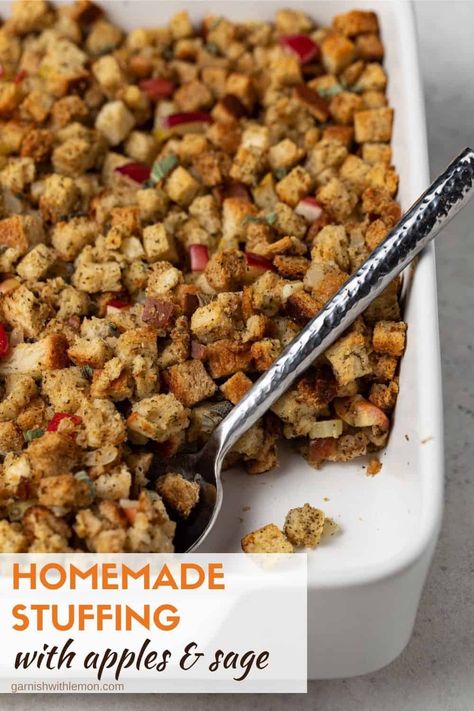 Never make stuffing from a box again! This Homemade Stuffing recipe filled with Apples and Sage can be prepped ahead of time and tastes just like your mom used to make! It will easily be your new go-to Thanksgiving side dish. Homemade Turkey Stuffing, Homemade Stuffing Recipe, Traditional Stuffing Recipe, Recipe With Apples, Homemade Stuffing Recipes, Classic Stuffing Recipe, Traditional Bread Recipe, Best Stuffing Recipe, Apple Stuffing