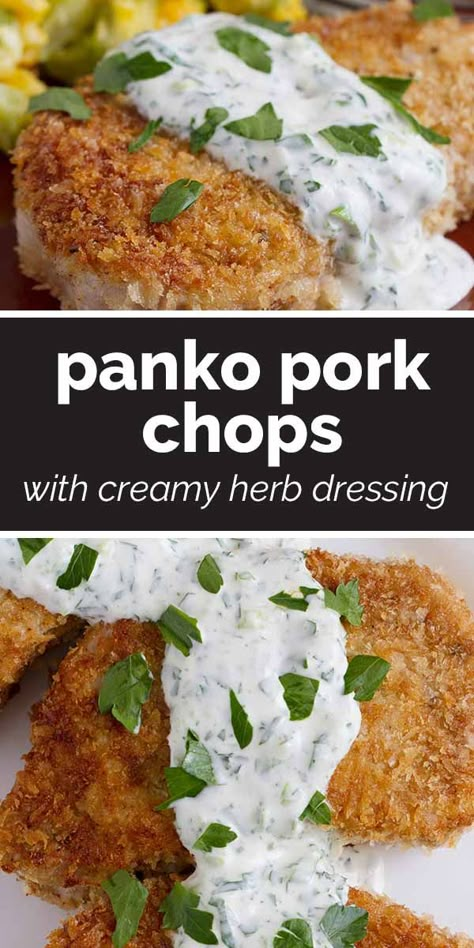 Boneless pork chops are coated in panko bread crumbs and served with a creamy dressing in this recipe for Panko Pork Chops with Creamy Herb Dressing. Panko Pork Chops, Creamy Herb Dressing, Panko Recipes, Herb Dressing, Quotes For Boyfriend, Breaded Pork Chops, Pork Chop Dinner, Pork Recipes Easy, Fried Pork Chops