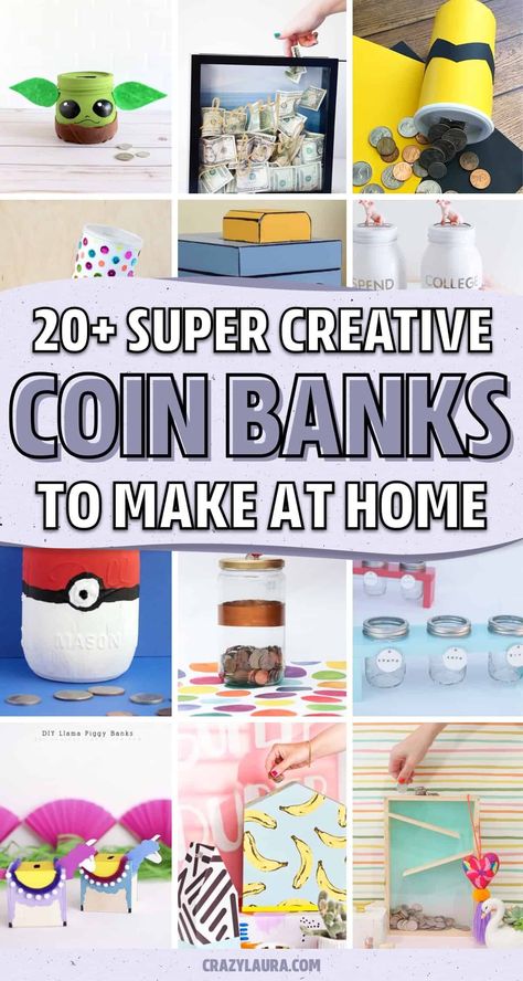 Looking for a fun and easy craft project to make with the kids so they can start saving money? Check out these super creative DIY piggy bank step by step craft tutorials and ideas to make at home! Creative Piggy Bank Ideas, 4-h Piggy Bank Ideas, Diy Bank For Kids, Diy Bank Money, Piggy Bank Craft For Kids, Kids Piggy Bank Ideas, Piggy Bank Diy Ideas, Homemade Piggy Bank Ideas, Money Crafts For Kids