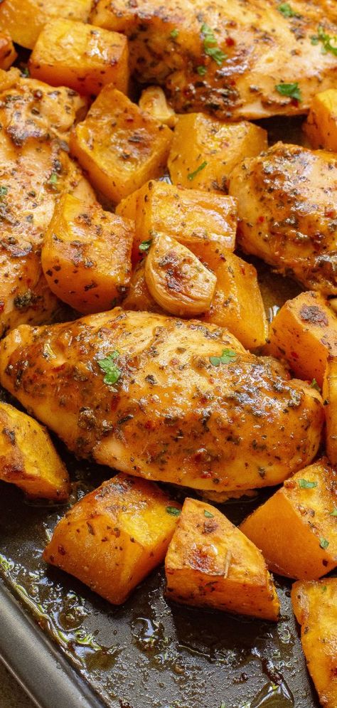 Busy weeknights call for easy meals! This one-pan Sheet Pan Boneless Chicken Breasts with garlic Dijon mustard sauce and roasted butternut squash is both delicious and simple to make. Perfect for families and meal prep! Sheet Pan Lunch Ideas, Butternut Squash Chicken Recipe, Orange Chicken Sheet Pan Meal, Chicken And Acorn Squash Sheet Pan Dinner, Sheet Pan Chicken And Squash, Butternut And Chicken Recipes, Roasted One Pan Meals, Sheet Pan Chicken Butternut Squash, Chicken With Butternut Squash Recipes