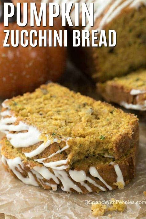 I absolutely love this Pumpkin Zucchini Bread! It’s a sweet, fluffy quick bread filled with pumpkin, zucchini, and delicious fall spices. Whether you are preparing for coffee time or you simply want to send a delicious treat in your kids’ lunch box, this easy pumpkin loaf is the answer! #spendwithpennies #pumpkinzucchinibread #pumpkinbread #pumpkinloaf #zucchinibread #zucchiniloaf #quickbread #easyrecipe #breakfast #easysnack 21 Day Fix Zucchini Bread, Pumpkin Spice Zucchini Bread, Easy Pumpkin Loaf, Baking With Zucchini, Zucchini Scones, Zucchini Bread Moist, Pumpkin Zucchini Bread, Chocolate Pumpkin Bread, Pumpkin Zucchini