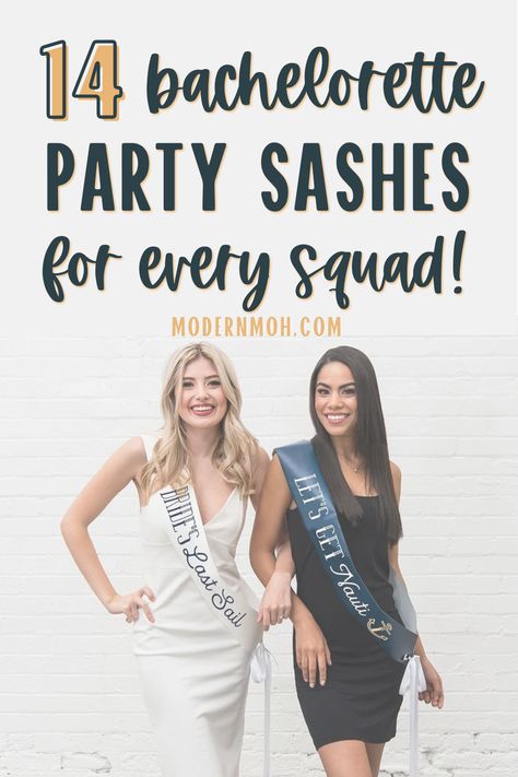 We’ve hand-selected 14 bachelorette party sashes for every style and budget, from shiny satin to sparkly sequins and everything in between! #bachelorettepartysashes #bachelorettesashes #bridalpartysashes #ModernMOH Unique Bride Gifts, Trendy Bachelorette Party, Bachelorette Party Unique, Bachelorette Party Sash, Bachelorette Party Hat, Engagement Gifts For Bride, Bachelorette Party Accessories, Unique Bridal Shower Gifts, Bachelorette Sash