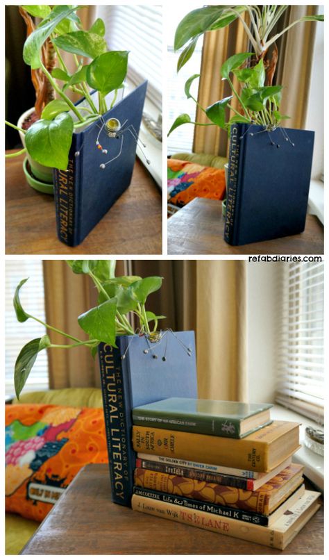 Repurpose: Old book + Used packaging = Book Planter/Vase | the ReFab Diaries Balcony Greenhouse, Book Planter, Hidden Book, Old Book Crafts, Green Ideas, Upcycle Books, Old Book Pages, Diy Vase, Upcycled Crafts