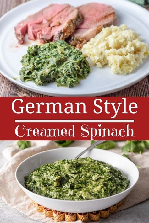 This German style creamed spinach is something my grandmother made! So it's pure comfort food for me and the best side dish for any meal but especially delicious during the holiday season. It's incredibly delicious and delightfully creamy! #spinach #german #creamedspinach #dishesdelish Spinach Dishes, German Side Dishes, Creamed Spinach Recipe, German Food Authentic, Best Side Dish, Oktoberfest Food, German Style, German Recipes, Creamy Spinach