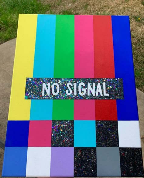 No Signal Painting Canvas, No Signal Drawing, Stop Sign Painting Ideas Trippy, Please Stand By, Please Stand By Painting, No Signal Painting, Things To Draw On Canvas, 2000s Painting, 444 Painting